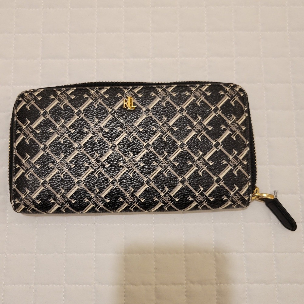 Lauren Ralph Lauren Monogram Zip Around Continental Wallet Black Cream Gold Chic